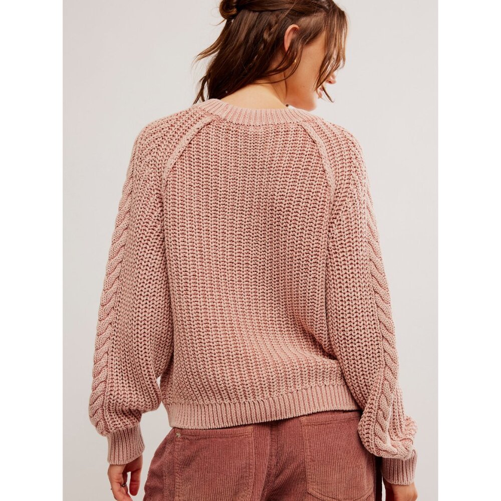 FREE PEOPLE Frankie Cable Knit Cotton Sweater / Misty Rose - Picture 3 of 6